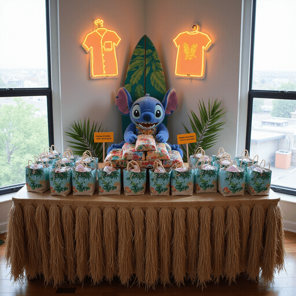 Stitch Birthday Party Ideas: Create an Unforgettable Ohana Celebration! A vibrant Stitch-themed gift and favor table in a modern apartment, featuring a grass skirt draped table, Hawaiian shirt-shaped favor bags, a large Stitch plush toy, colorful wrapped presents, and handmade palm leaf signs, all illuminated by natural light and neon wall art.