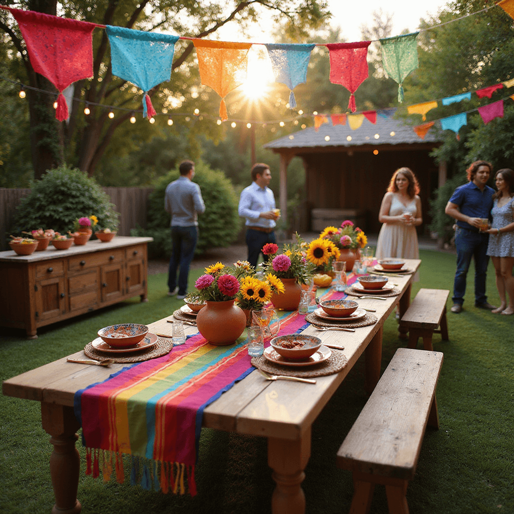 Hosting the Ultimate Mexican Fiesta: A Complete Guide to Decor, Food, and Fun A vibrant outdoor Mexican fiesta at golden hour features a long wooden table with a colorful serape runner, mismatched ceramic plates, and terracotta vases of flowers. Papel picado banners and string lights hang overhead as guests enjoy tacos and margaritas in a lush garden setting.