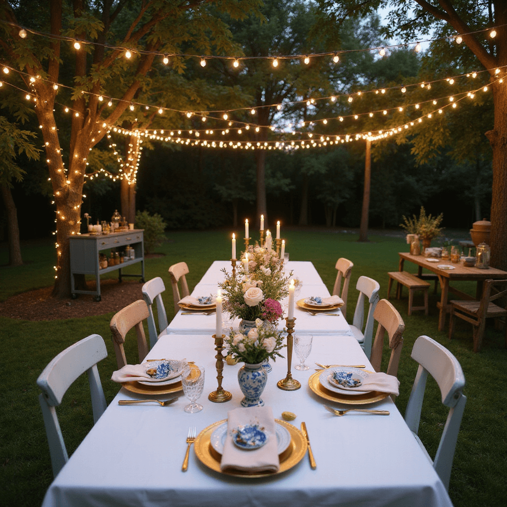 Crafting the Perfect Outdoor Dinner Party: A Comprehensive Guide to Styling and Photographing Memorable Gatherings A dreamy twilight garden party featuring a long farmhouse table with white linen, illuminated by twinkling fairy lights, surrounded by mismatched pastel chairs, floral centerpieces in blue-and-white vases, and a rustic bar cart, all set in a lush backyard.