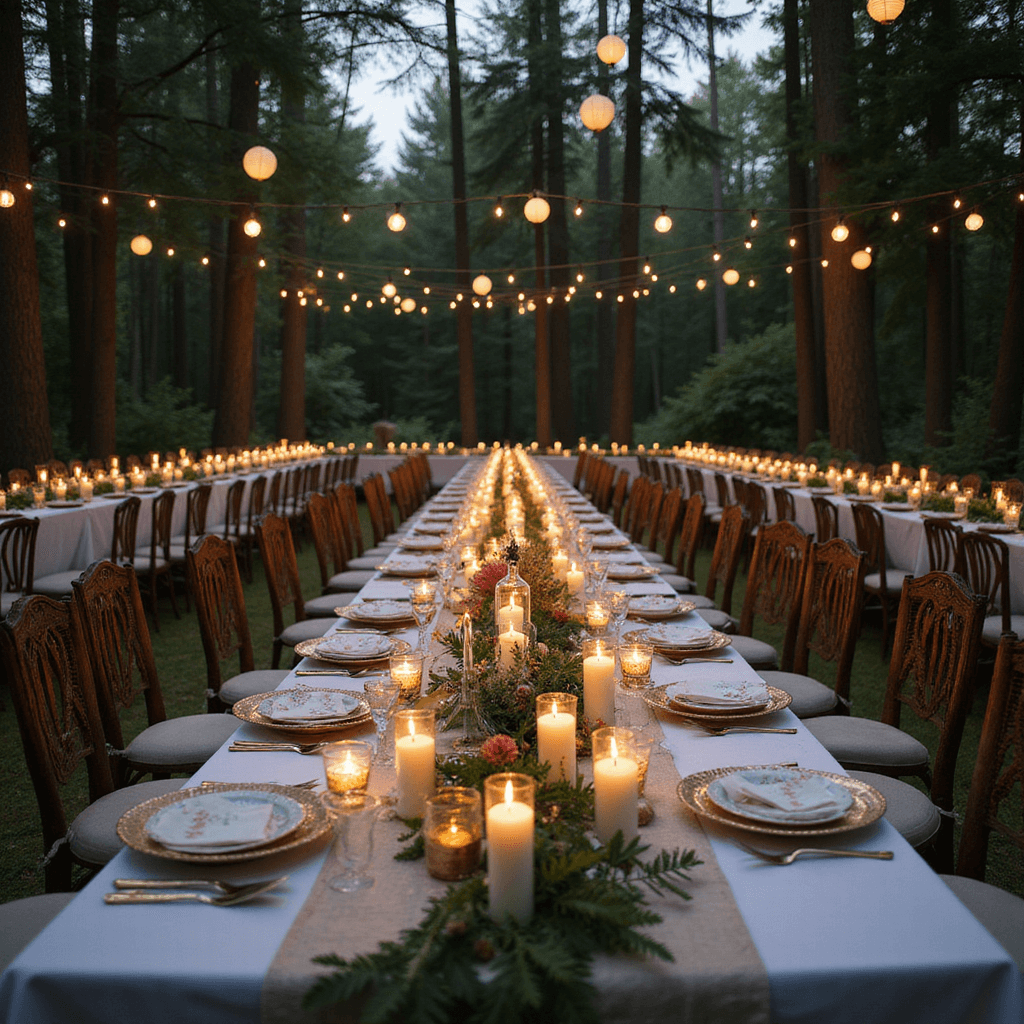 Crafting the Perfect Outdoor Dinner Party: A Comprehensive Guide to Styling and Photographing Memorable Gatherings A whimsical midsummer night's dinner party in a forest clearing, featuring U-shaped tables adorned with shimmering gossamer runners, glowing pillar candles, vintage pastel china, crystal decanters, and floral garlands, all under paper lanterns and fairy lights, captured from a low angle amid dusk's enchanting ambiance.