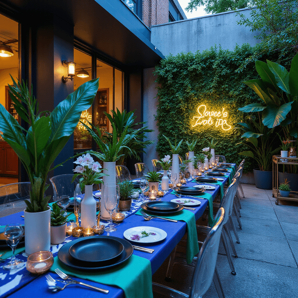 Crafting the Perfect Outdoor Dinner Party: A Comprehensive Guide to Styling and Photographing Memorable Gatherings A modern al fresco dinner party in an urban courtyard features long acrylic tables set with geometric placemats, matte black plates, and gold flatware. Colorful tropical leaf and orchid centerpieces are displayed in white vases, surrounded by lucite ghost chairs. A backdrop of cascading greenery and neon signage enhances the atmosphere, while a minimalist bar cart serves cocktails. Uplighting highlights the architectural details as night falls.
