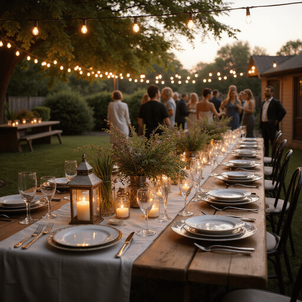 Crafting the Perfect Backyard Dinner Party: A Magical Evening Under the Stars A warm twilight backyard dinner party featuring a long farmhouse table with mismatched vintage china and glassware, Edison bulb string lights overhead, lush greenery and wildflowers in repurposed jars, and guests mingling in the background.