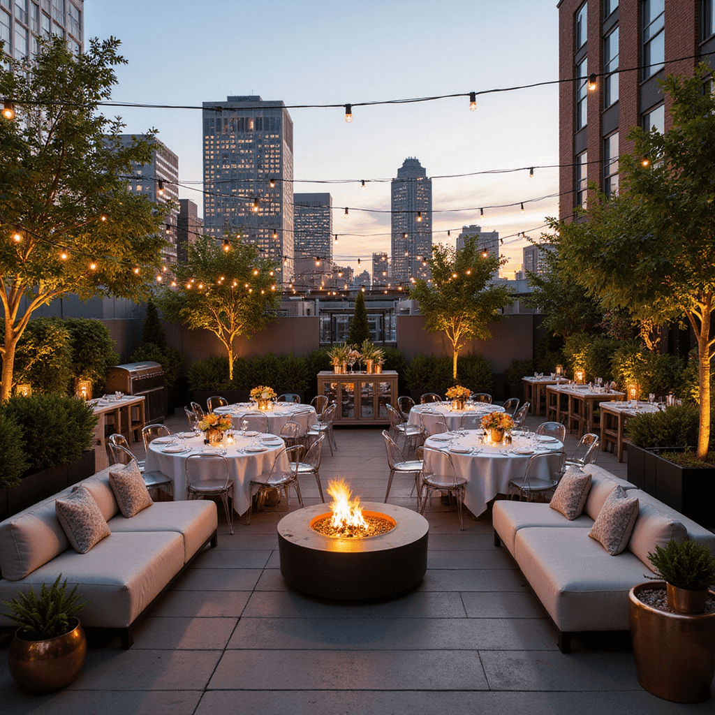 Crafting the Perfect Backyard Dinner Party: A Magical Evening Under the Stars A stylish rooftop terrace set for a summer soirée, featuring low modular seating around fire pits, round tables with white linens and ghost chairs, tropical-themed centerpieces, market lights overhead, and a bar cart with cocktails, all against a city skyline at sunset.