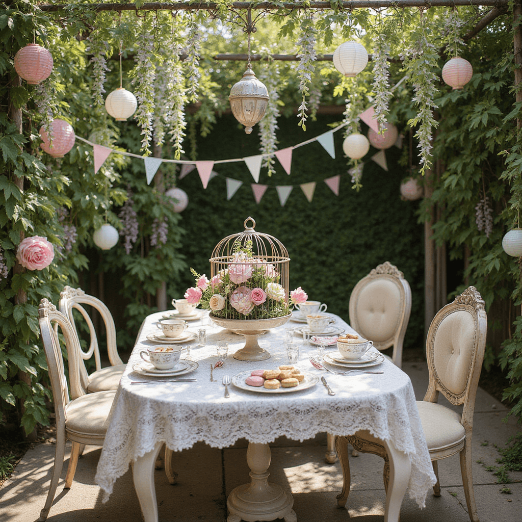 Crafting the Perfect Backyard Dinner Party: A Magical Evening Under the Stars A whimsical garden tea party with mismatched vintage chairs, lace tablecloths, and patterned china teacups, featuring tiered cake stands of pastel macarons and tarts, surrounded by blooming rose bushes and wisteria, under fluttering paper lanterns and bunting, with a wrought-iron birdcage filled with peonies as a centerpiece.