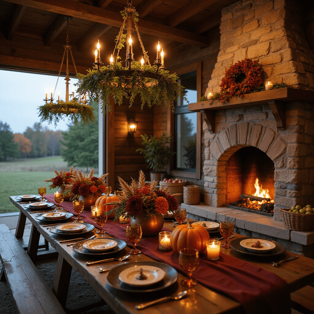 Crafting the Perfect Backyard Dinner Party: A Magical Evening Under the Stars An autumnal harvest dinner in a rustic barn with wooden tables draped in burgundy runners, decorated with wheat sheaves, pumpkins, and dahlias, illuminated by amber votives and iron chandeliers, with a cozy fireplace in the background.