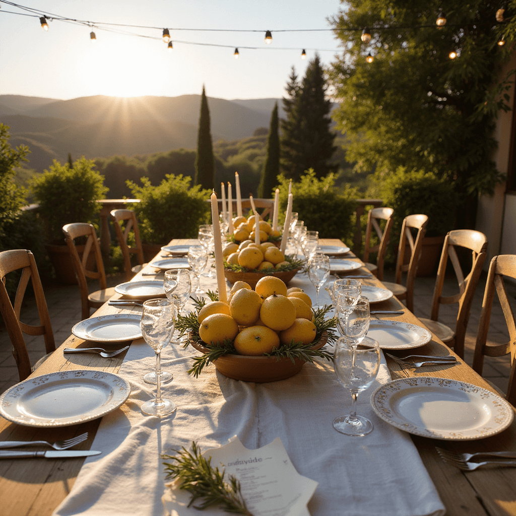 Crafting the Perfect Italian Dinner Party Aesthetic: A Feast for the Senses A sunlit terrace of a Tuscan villa set for dinner with a long wooden table, mismatched vintage tableware, and a centerpiece of lemons and olive branches. Fairy lights illuminate the scene against a backdrop of rolling hills and cypress trees. A handwritten menu and fresh rosemary adorn the table. Italian Dinner Party Aesthetic
