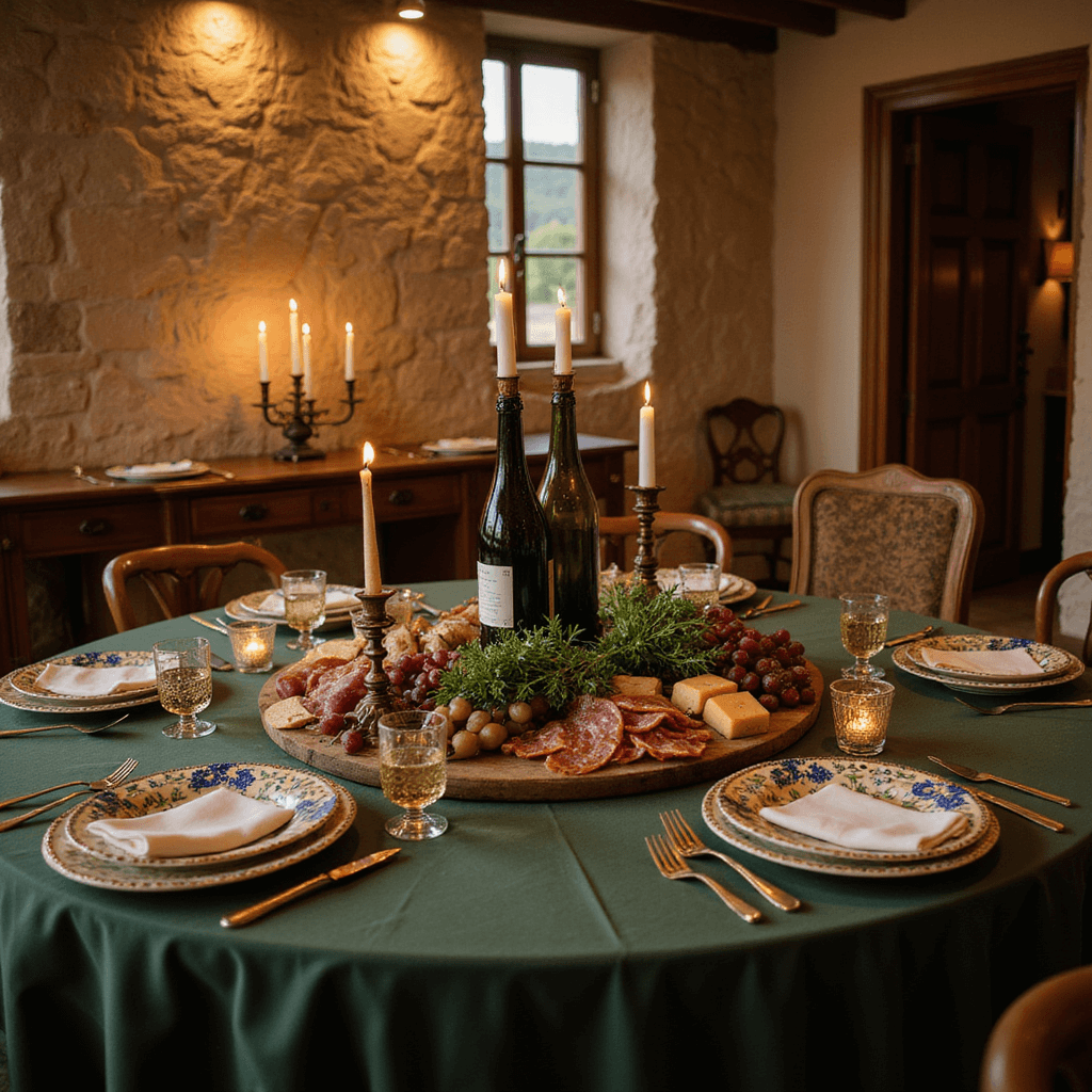 Crafting the Perfect Italian Dinner Party Aesthetic: A Feast for the Senses Intimate dining room with stone walls and wooden beams, featuring a round table draped in deep green linen, adorned with a centerpiece of herbs in terracotta pots, hand-painted Italian dishware, a rustic antipasti board, and vintage Chianti bottle candle holders.