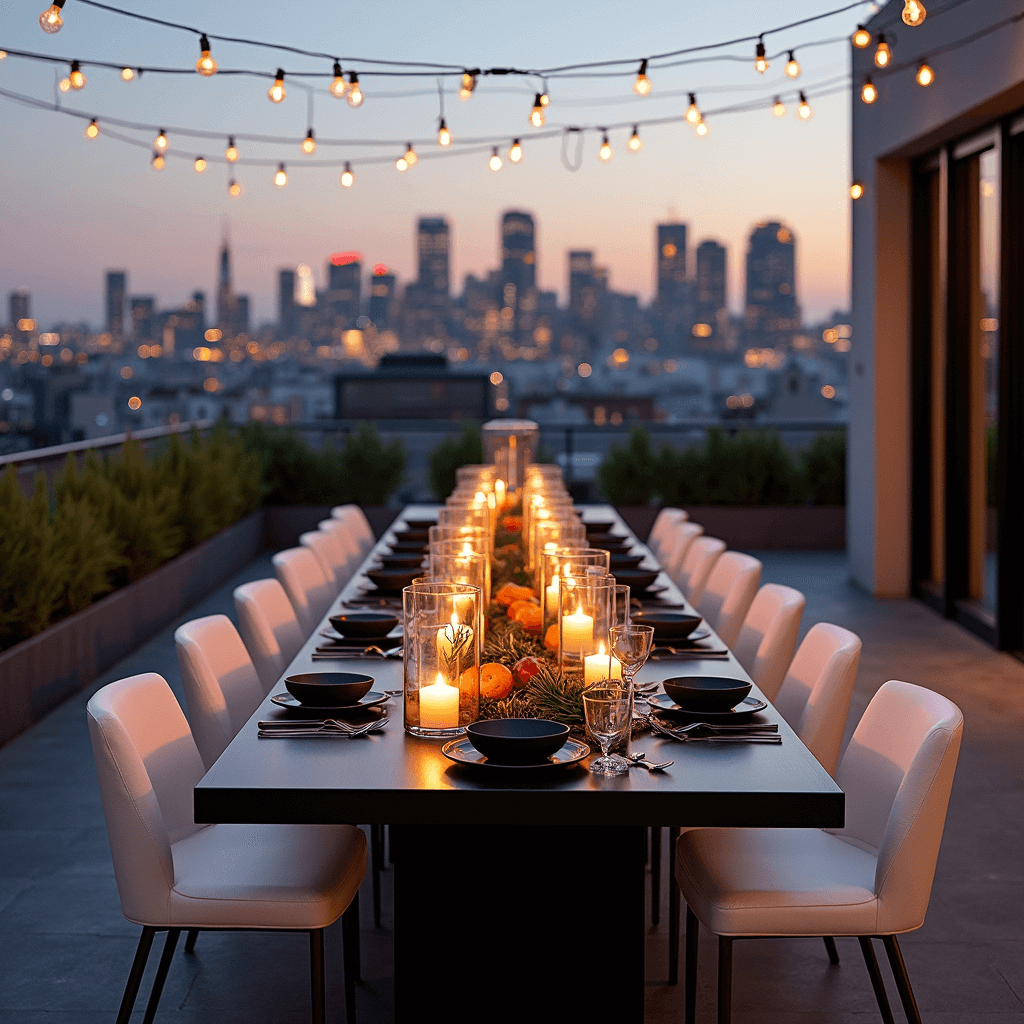 Crafting the Perfect Italian Dinner Party Aesthetic: A Feast for the Senses A modern rooftop terrace at dusk featuring a long communal table with sleek white chairs, minimalist black and copper table settings, a citrus and rosemary centerpiece, oversized glass lanterns, and string lights overhead, with a stylish bar cart displaying Negroni ingredients in the foreground, all overlooking a twinkling city skyline.