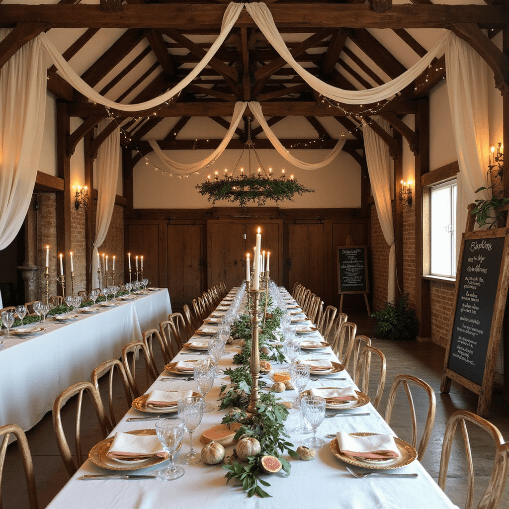 Crafting the Perfect Italian Dinner Party Aesthetic: A Feast for the Senses A beautifully decorated rustic barn interior for an elegant feast, featuring exposed wooden beams draped with fabric and fairy lights, long tables with cream linen, olive branch garlands, beeswax candles, gold-rimmed china, crystal glasses, a vintage ladder with cheeses and figs, and a chalkboard menu detailing the culinary offerings.