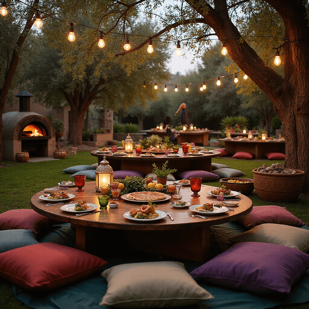 Crafting the Perfect Italian Dinner Party Aesthetic: A Feast for the Senses Lush Mediterranean garden at twilight with low tables surrounded by jewel-toned floor cushions, warm glow from Moroccan lanterns, colorful glassware, Edison bulbs overhead, and a mobile pizza oven with a chef serving a margherita pizza.