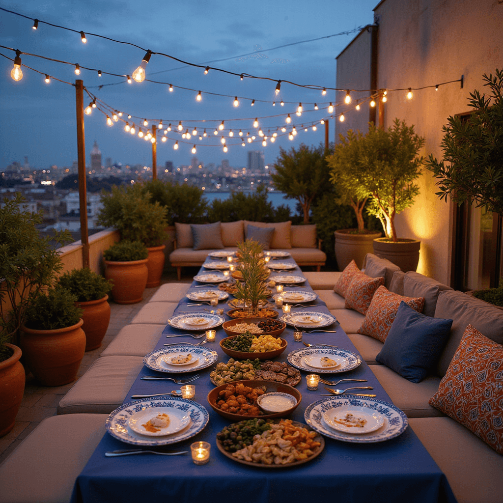 Unforgettable Dinner Party Menus: Your Ultimate Guide to Hosting Like a Pro An intimate rooftop terrace at twilight, featuring a long table set for a Mediterranean feast with bistro lights overhead, deep blue linen, and a vibrant mezze spread. Guests relax on low sofas surrounded by terracotta pots of herbs and citrus trees, with a twinkling city skyline in the background.
