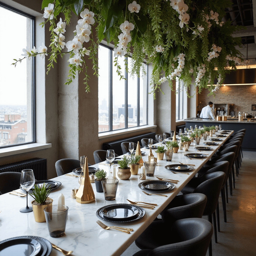 Unforgettable Dinner Party Menus: Your Ultimate Guide to Hosting Like a Pro A chic dinner soirée in a modern loft with floor-to-ceiling city views, featuring long marble tables set with black plates, gold cutlery, smoky glass stemware, geometric brass candle holders, potted succulents, and a floral installation of white orchids and monstera leaves. The open kitchen is active with chefs plating gourmet courses, while a DIY cocktail station showcases copper bar tools and crystal decanters.