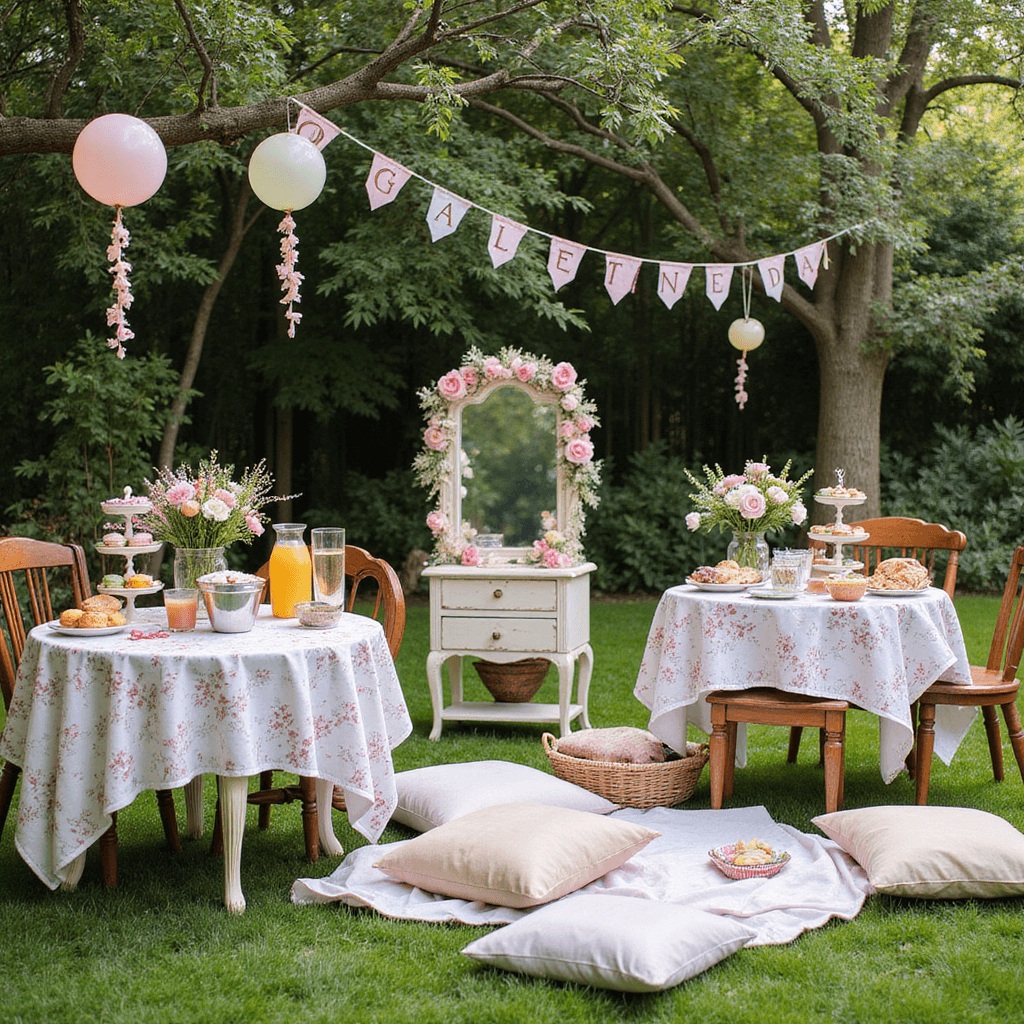 Galentine's Dinner Party: Your Ultimate Guide to Celebrating Female Friendship A whimsical daytime Galentine's brunch setup in a lush garden, featuring mismatched vintage tables with floral tablecloths, a build-your-own mimosa bar, tiered cake stands of colorful treats, and a cozy lounging area with throw pillows, all under pastel balloons and a floral photo booth banner.
