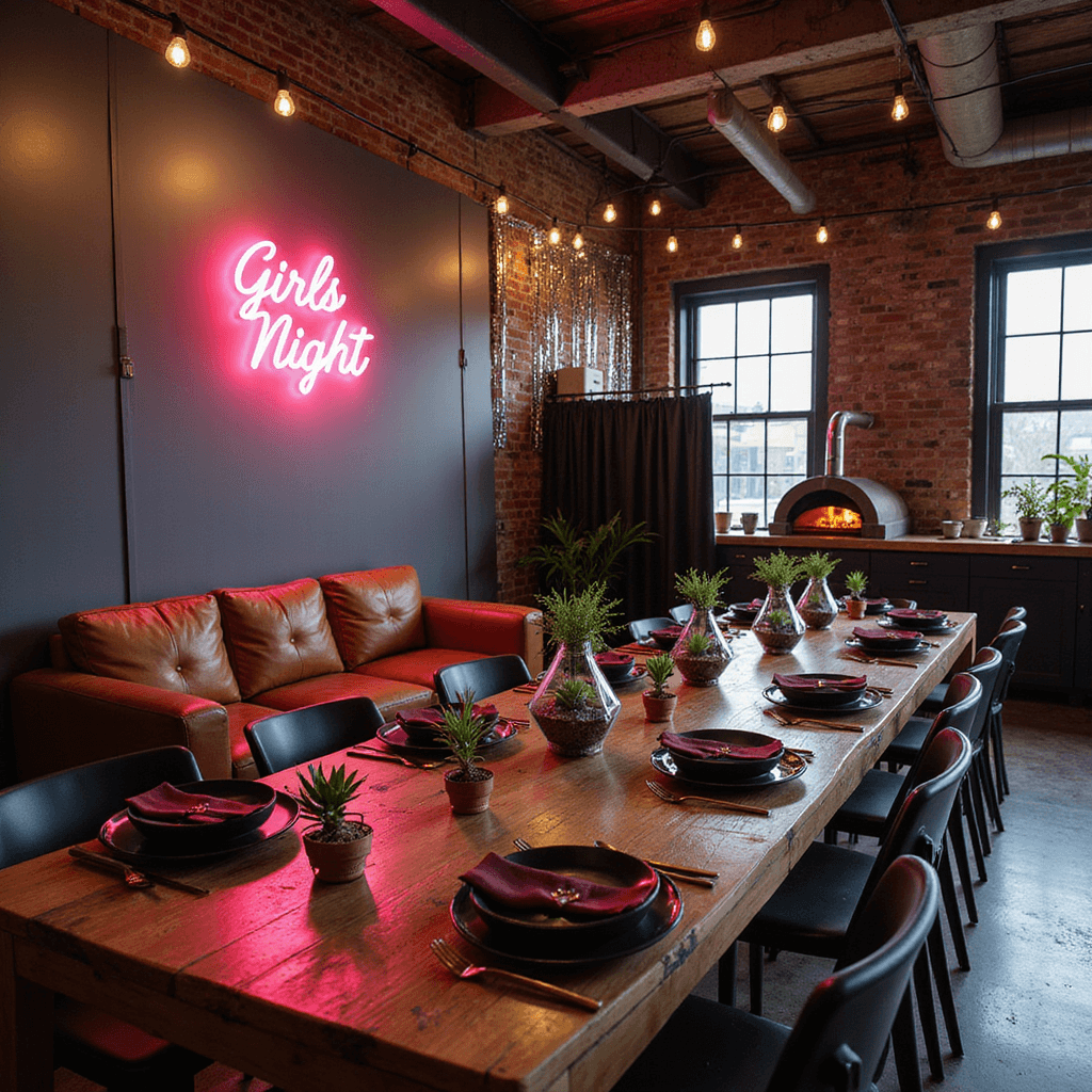 Galentine's Dinner Party: Your Ultimate Guide to Celebrating Female Friendship An industrial-chic loft transformed for Galentine's night, featuring long wooden tables with matte black plates and copper cutlery, geometric terrarium centerpieces, a neon 'Girls Night' sign, leather lounge seating, a DIY photo booth with metallic streamers, a gourmet pizza station, and Edison bulbs creating a warm atmosphere, captured from an elevated angle.