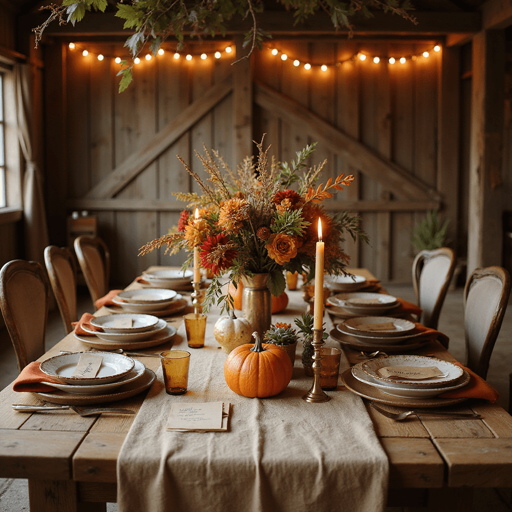 Friendsgiving Dinner Party Decor: Your Ultimate Guide to Creating a Cozy Celebration A cozy Friendsgiving tablescape in a rustic barn, featuring a long wooden table dressed with a linen runner, vintage plates, burnt orange napkins, and a centerpiece of autumn flowers, mini pumpkins, and flickering brass candlesticks, all illuminated by warm string lights and surrounded by natural elements.