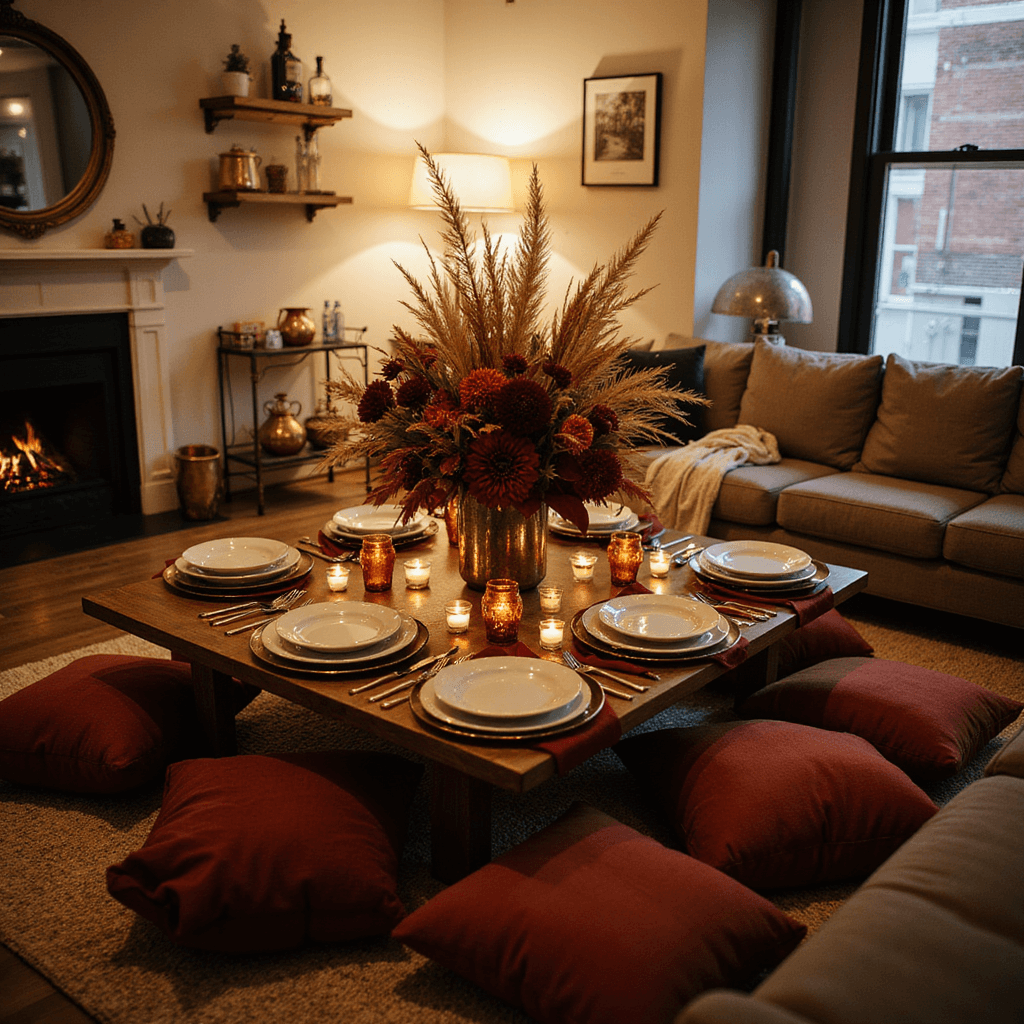 Friendsgiving Dinner Party Decor: Your Ultimate Guide to Creating a Cozy Celebration An intimate Friendsgiving gathering in a modern apartment features a low coffee table surrounded by jewel-toned cushions, set with metallic chargers and white ceramic plates, adorned with a dramatic centerpiece of dried pampas grass and dark red dahlias, illuminated by candlelight and warm lamps. Cozy throws and a gleaming bar cart with copper mugs complete the inviting atmosphere.
