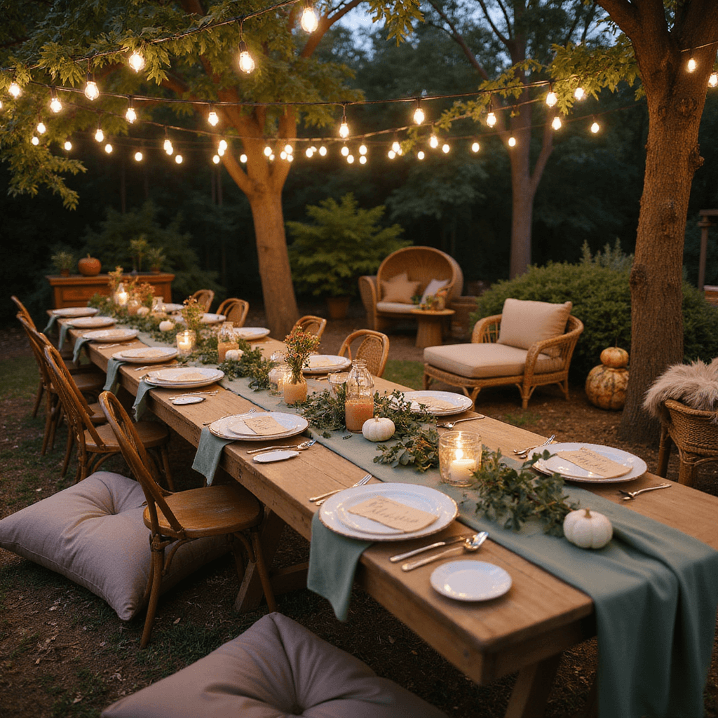 Friendsgiving Dinner Party Decor: Your Ultimate Guide to Creating a Cozy Celebration A whimsical Friendsgiving setup in a fairy-lit backyard at twilight, featuring long picnic tables with sage green linens, eucalyptus garlands, tiny white pumpkins, mismatched vintage chairs, oversized floor pillows, kraft paper placemats with gold calligraphy, enamelware plates in fall colors, mason jars with wildflowers and floating candles, and a cozy lounge area with rattan furniture and faux fur throws.