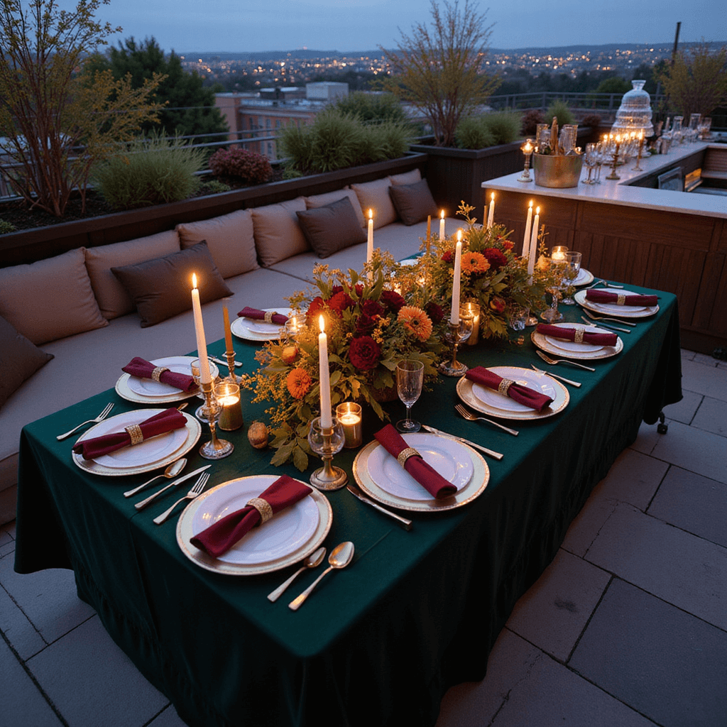 Friendsgiving Dinner Party Decor: Your Ultimate Guide to Creating a Cozy Celebration An elegant Friendsgiving celebration on a rooftop terrace at dusk, featuring a U-shaped table with lush forest green velvet tablecloths, gold rimmed chargers, and sophisticated place settings. Cascading centerpieces of dahlias and oak leaves, tall taper candles, and a nearby champagne tower enhance the intimate atmosphere, complemented by plush throw pillows on bench seating.