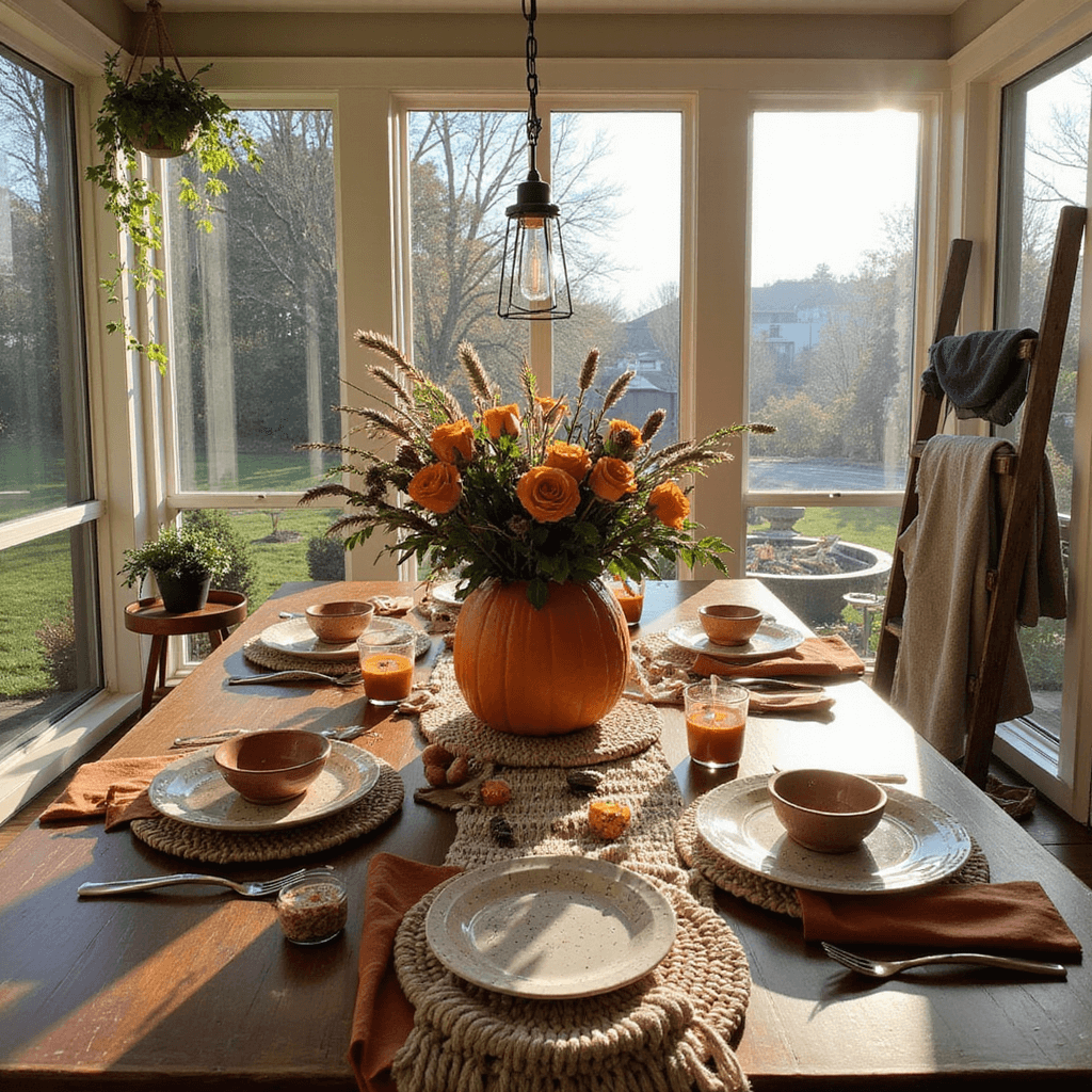 Friendsgiving Dinner Party Decor: Your Ultimate Guide to Creating a Cozy Celebration A cozy sunroom set for a Friendsgiving gathering, featuring a farmhouse table with a macramé runner and terra cotta accents, speckled ceramic plates, and a centerpiece of a pumpkin filled with orange roses and wheat. Floor-to-ceiling windows showcase a nearby fire pit and hanging plants, blending indoor and outdoor elements.