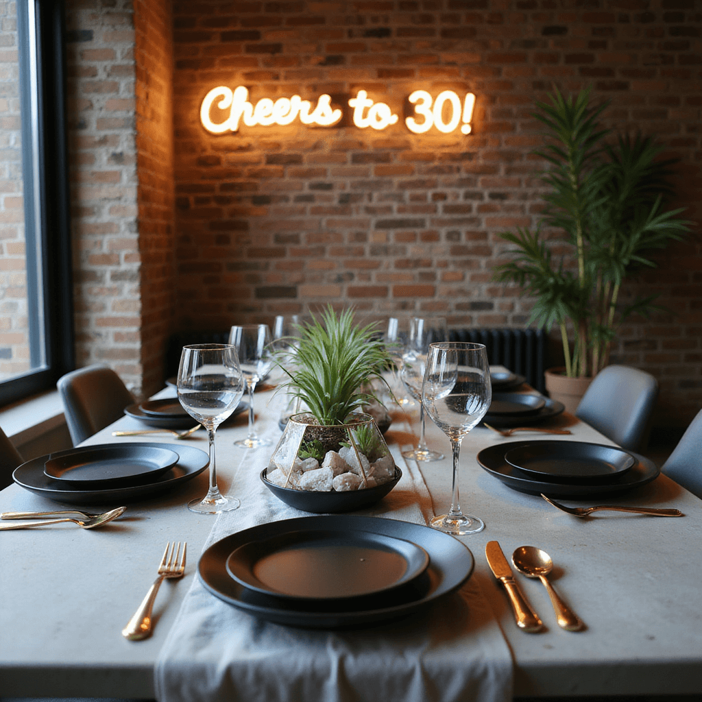 Crafting the Perfect Birthday Dinner Party: A Comprehensive Guide to Styling, Photography, and Memorable Moments A chic city loft dining setup for a modern milestone birthday dinner, featuring a polished concrete table with grey linen runners, black matte plates, gold cutlery, and geometric terrariums. A neon sign reading 'Cheers to 30!' glows against an exposed brick wall, showcasing the contrast of industrial textures and elegant decor.