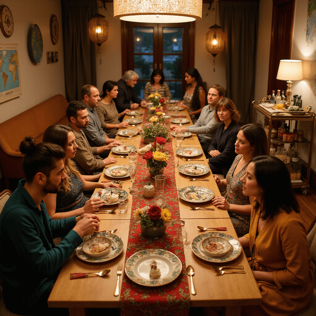 Elevate Your Dinner Parties: Unforgettable Themes That Will Wow Your Guests A lavish 'Global Culinary Expedition' dinner party in a warmly lit dining room featuring a long wooden table with colorful textiles, ornate place settings with hand-painted plates and golden cutlery, and exotic flower centerpieces. Guests in international attire engage in conversation, surrounded by travel memorabilia, maps, and lanterns, with a nearby bar cart showcasing a selection of international spirits and wines.