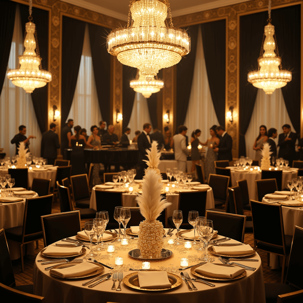 Elevate Your Dinner Parties: Unforgettable Themes That Will Wow Your Guests An opulent Art Deco ballroom filled with guests in 1920s attire enjoying a glamorous dinner party, featuring crystal chandeliers, shimmering tables, feather centerpieces, and a dazzling champagne tower.
