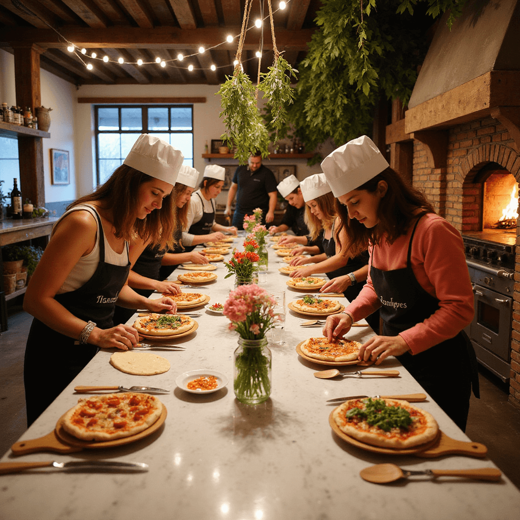 Elevate Your Dinner Parties: Unforgettable Themes That Will Wow Your Guests A vibrant rustic Italian kitchen set for a whimsical DIY pizza dinner party, featuring a marble countertop with individual pizza-making stations, colorful toppings, and guests in chef's hats joyfully crafting their pizzas under warm fairy lights. A vintage brick pizza oven and charming decor enhance the inviting atmosphere.