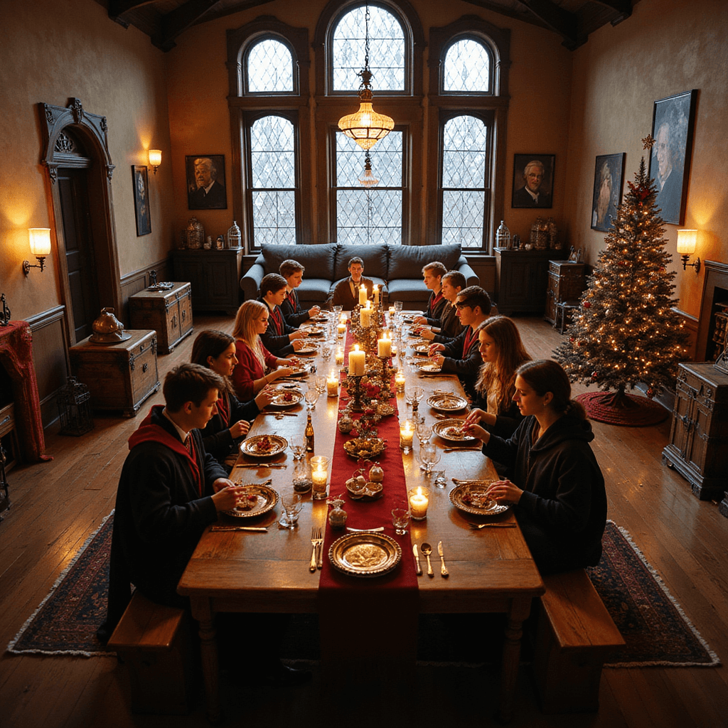 Elevate Your Dinner Parties: Unforgettable Themes That Will Wow Your Guests An enchanting 'Harry Potter' themed dinner party in a transformed living room resembling the Great Hall of Hogwarts, featuring long wooden tables with house-colored runners, floating candles, potion bottle centerpieces, and guests in wizard robes enjoying a feast. The walls are adorned with moving portraits and house banners, while a 'Sorting Hat' and a twinkling Christmas tree add to the magical atmosphere. Owl cages and trunks are strategically placed around the room.