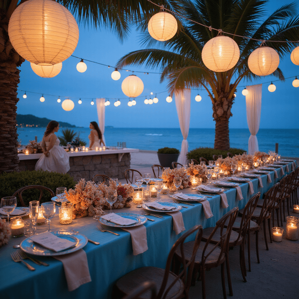 Elevate Your Dinner Parties: Unforgettable Themes That Will Wow Your Guests A whimsical 'Under the Sea' themed dinner party on a beachfront terrace at twilight, featuring ombré blue table linens, coral-inspired centerpieces, and glowing LED lights, with guests in ocean-hued attire surrounded by paper lanterns and a raw bar styled like a sunken ship.