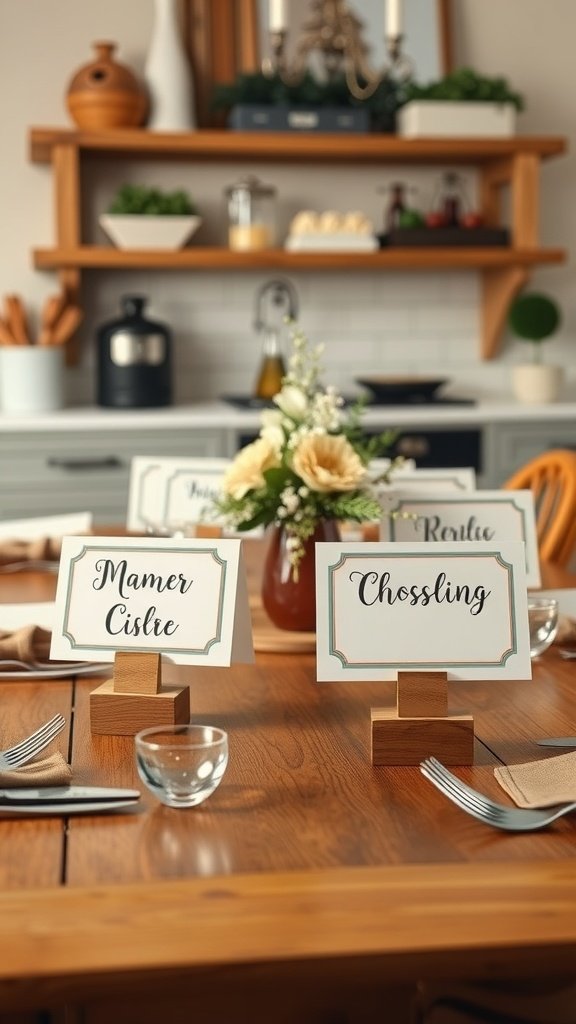 35 Beautiful Farmhouse Kitchen Table Setting Ideas Wooden place card holders with names on a farmhouse kitchen table