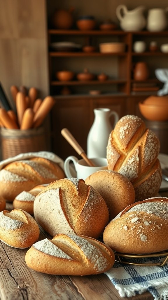 35 Beautiful Farmhouse Kitchen Table Setting Ideas A display of various artisan breads on a farmhouse kitchen table with a white pitcher and wooden utensils.