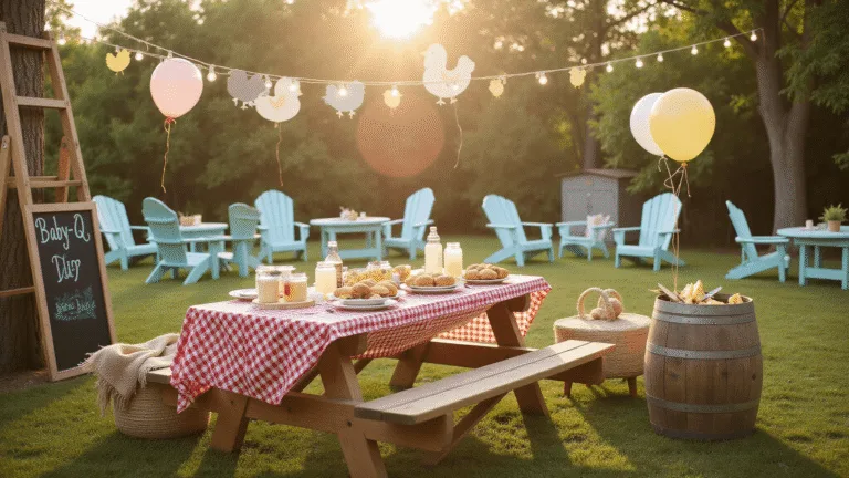 Summer Baby Shower Ideas: A Refreshing Celebration of New Life A sunlit backyard baby shower scene featuring a rustic picnic table with a gingham tablecloth, grilled sliders, corn, and lemonade, under vintage string lights, with whimsical chicken balloons, a drink station, and Adirondack chairs in the background.