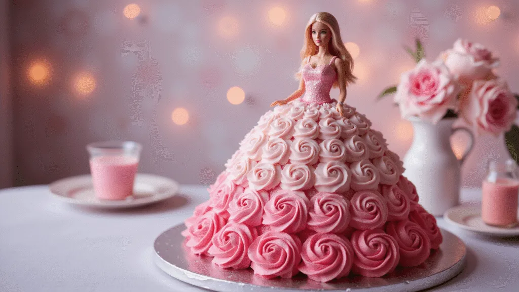 BARBIE BIRTHDAY CAKE: ULTIMATE PRINCESS CELEBRATION DESSERT Photorealistic image of a Barbie doll cake with a pink ombre buttercream dress, featuring decorative rosettes and ruffles, set on a silver cake stand against a softly blurred party background.
