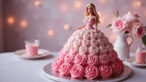 BARBIE BIRTHDAY CAKE: ULTIMATE PRINCESS CELEBRATION DESSERT Photorealistic image of a Barbie doll cake with a pink ombre buttercream dress, featuring decorative rosettes and ruffles, set on a silver cake stand against a softly blurred party background.
