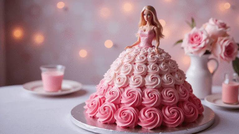 BARBIE BIRTHDAY CAKE: ULTIMATE PRINCESS CELEBRATION DESSERT Photorealistic image of a Barbie doll cake with a pink ombre buttercream dress, featuring decorative rosettes and ruffles, set on a silver cake stand against a softly blurred party background.