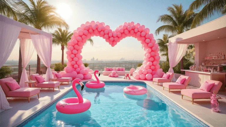 Barbie Pool Party: The Ultimate Glam Summer Celebration Guide A luxurious rooftop pool party featuring a heart-shaped infinity pool, pink and white décor, velvet lounge chairs, and a dramatic balloon arch, illuminated by golden hour sunlight.