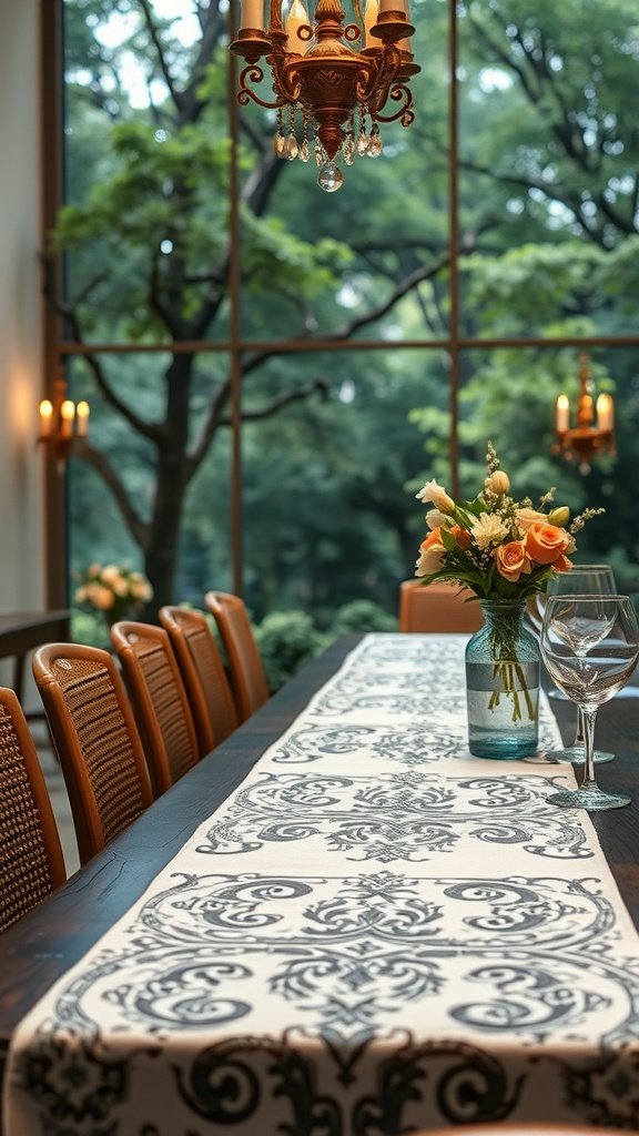 35 Stunning Garden Party Decorations to Inspire Your Celebration A beautifully set table with an intricate table runner, fresh flowers, and a chandelier in a garden party setting.