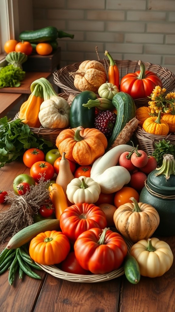 35 Beautiful Farmhouse Kitchen Table Setting Ideas A vibrant display of colorful vegetables and fruits on a farmhouse kitchen table.