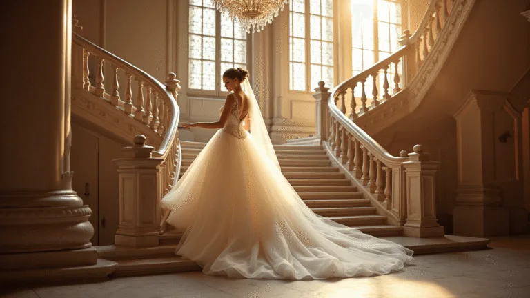 Create Your Perfect Fairytale Wedding Dress Look: A Princess-Inspired A bride in a classic white princess ballgown with delicate beading and a cathedral veil descends a grand marble staircase in an ornate castle, illuminated by golden hour sunlight streaming through tall windows.