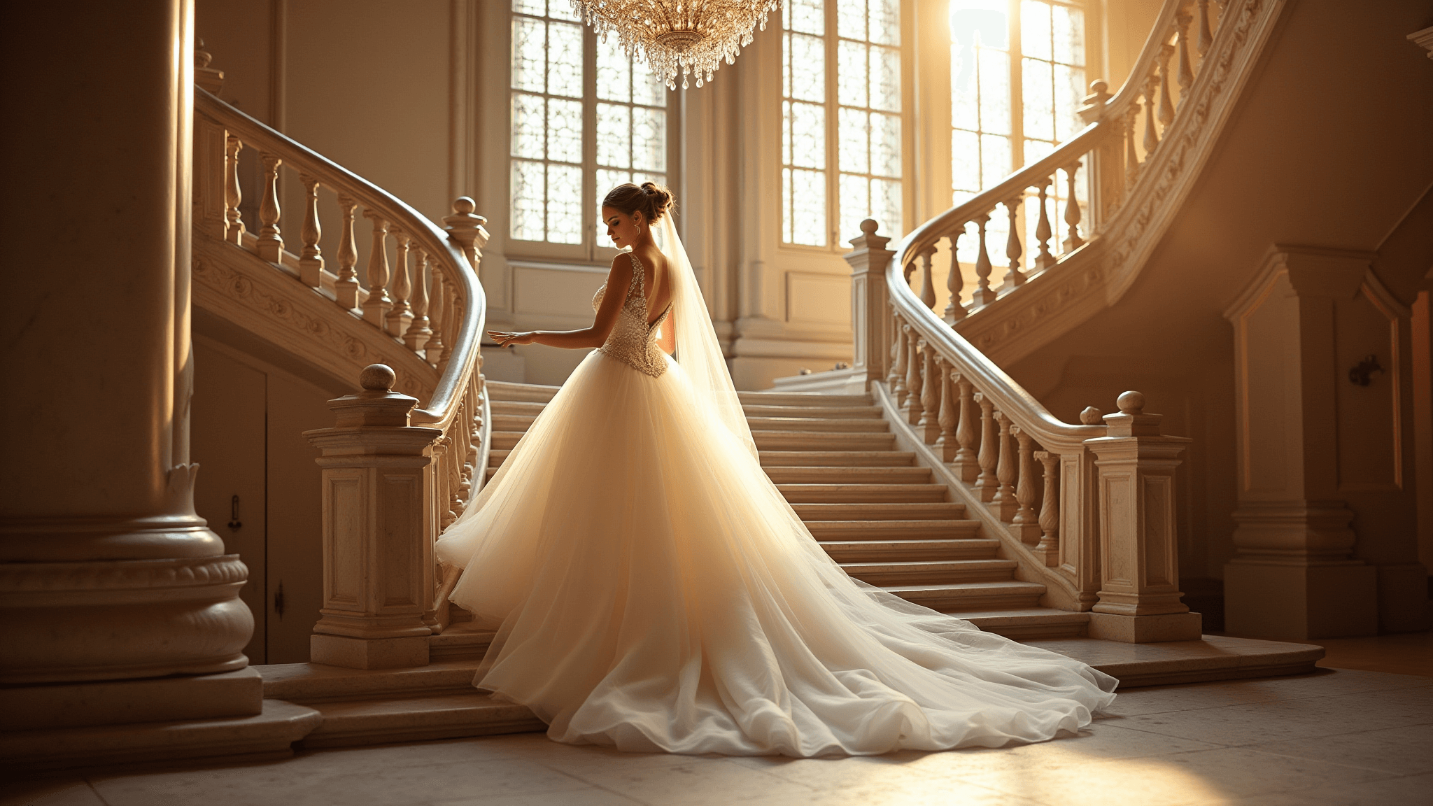 A bride in a classic white princess ballgown with delicate beading and a cathedral veil descends a grand marble staircase in an ornate castle, illuminated by golden hour sunlight streaming through tall windows.