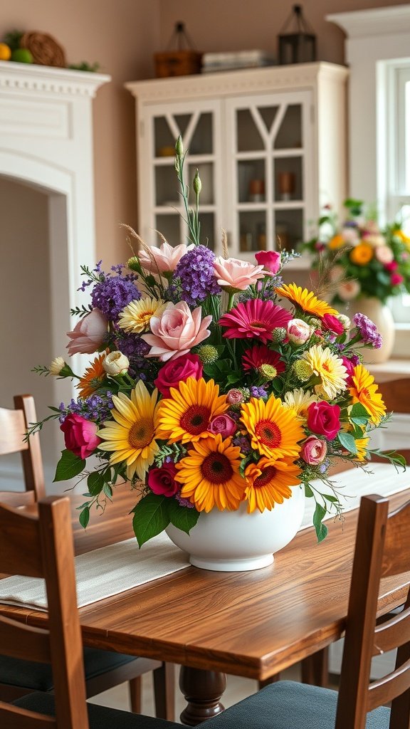 35 Beautiful Farmhouse Kitchen Table Setting Ideas A vibrant floral arrangement featuring sunflowers, roses, and daisies in a white vase on a farmhouse kitchen table.