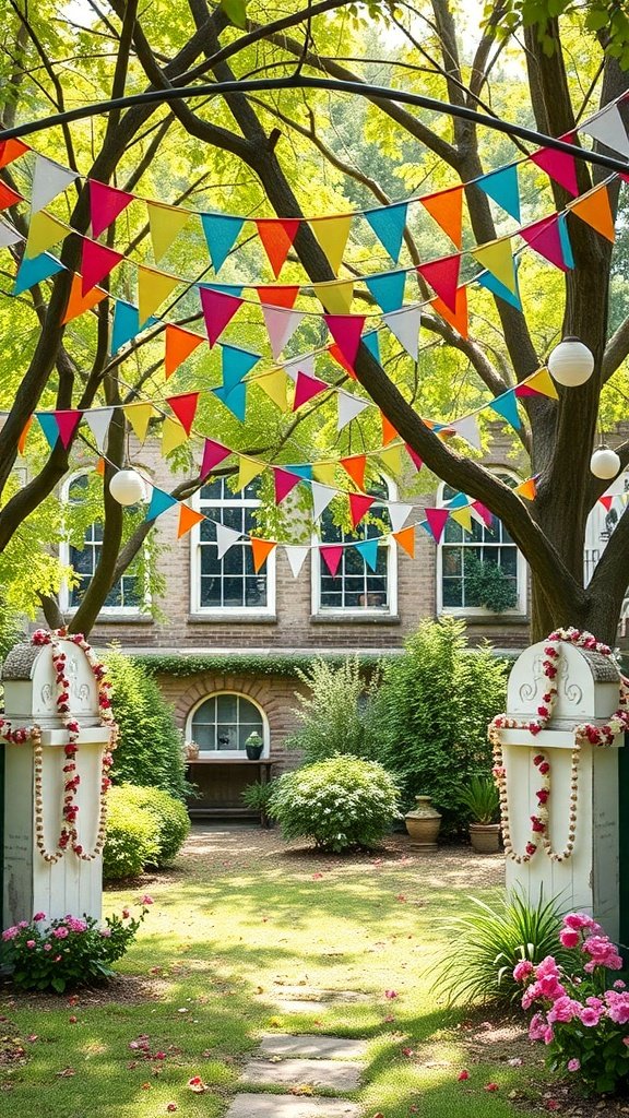 35 Stunning Garden Party Decorations to Inspire Your Celebration Colorful bunting and flower garlands decorate a garden party setting.