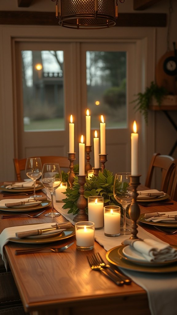 35 Beautiful Farmhouse Kitchen Table Setting Ideas A beautifully set farmhouse kitchen table with candles, greenery, and elegant dinnerware.