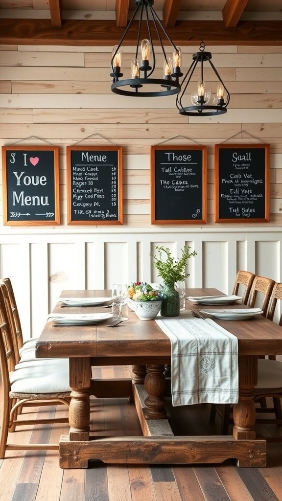 35 Beautiful Farmhouse Kitchen Table Setting Ideas A cozy farmhouse kitchen table setting with chalkboard menu signs on the wall.