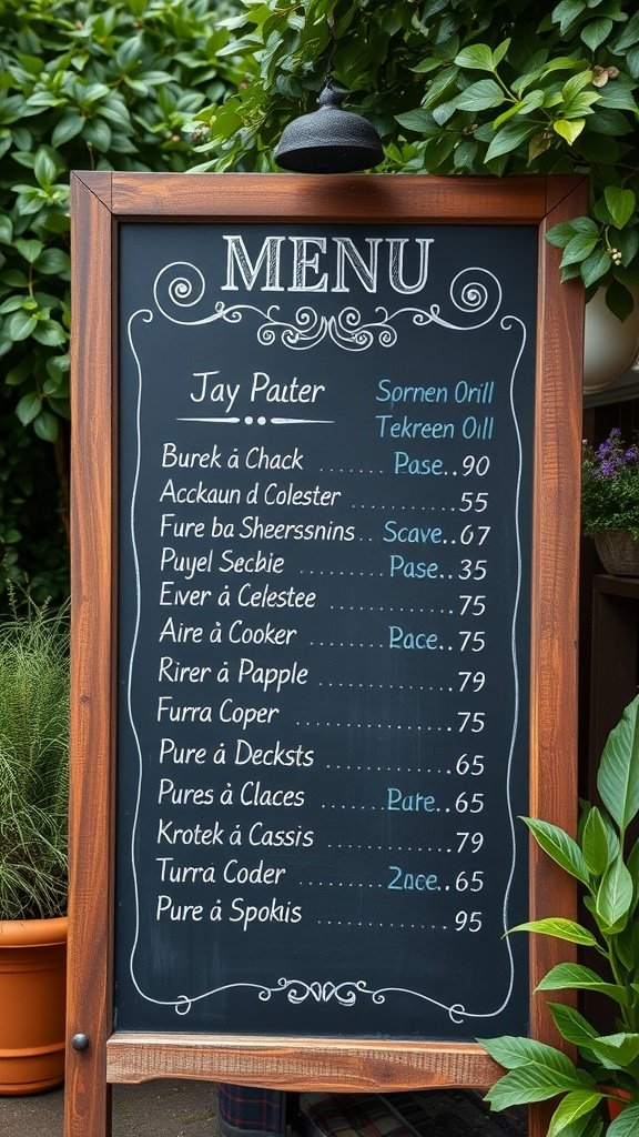 35 Stunning Garden Party Decorations to Inspire Your Celebration A chalkboard menu displaying various dishes and prices, surrounded by greenery.