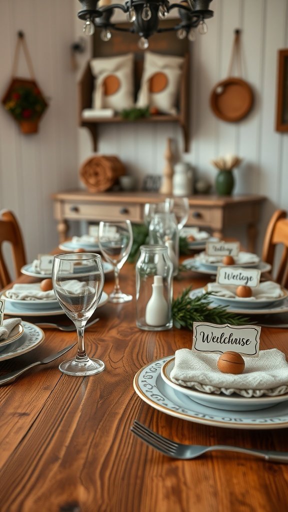 35 Beautiful Farmhouse Kitchen Table Setting Ideas A beautifully set farmhouse kitchen table with name tags, elegant dishes, and natural decorations.