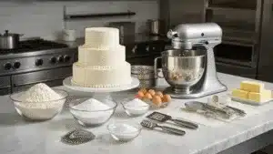 CLASSIC WEDDING CAKE: THE ULTIMATE SHOWSTOPPER GUIDE A bright, cinematic kitchen scene showcasing a pristine marble countertop prepared for a classic white wedding cake, with organized ingredients, a KitchenAid stand mixer, and tiered cake pans, illuminated by morning light.