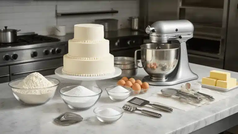 CLASSIC WEDDING CAKE: THE ULTIMATE SHOWSTOPPER GUIDE A bright, cinematic kitchen scene showcasing a pristine marble countertop prepared for a classic white wedding cake, with organized ingredients, a KitchenAid stand mixer, and tiered cake pans, illuminated by morning light.