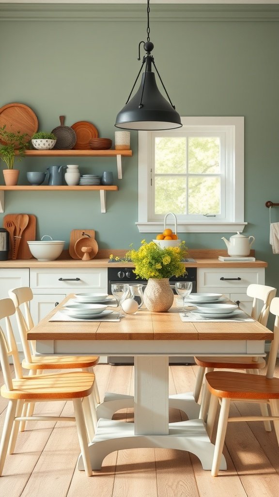 35 Beautiful Farmhouse Kitchen Table Setting Ideas A farmhouse kitchen with a wooden table set for a meal, featuring light green walls and warm wooden accents.