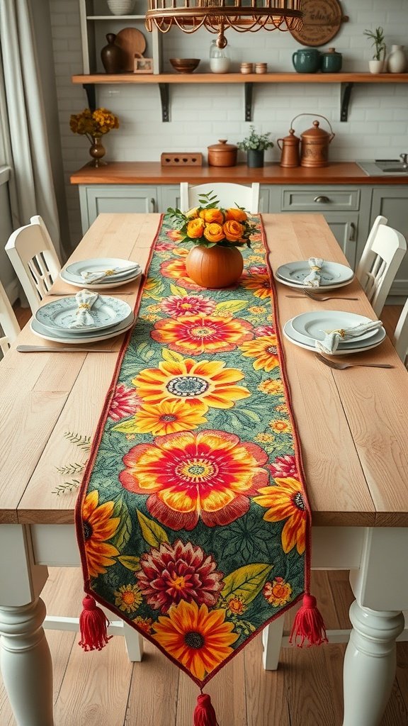 35 Beautiful Farmhouse Kitchen Table Setting Ideas A colorful floral table runner on a farmhouse kitchen table, with plates and a vase of flowers.